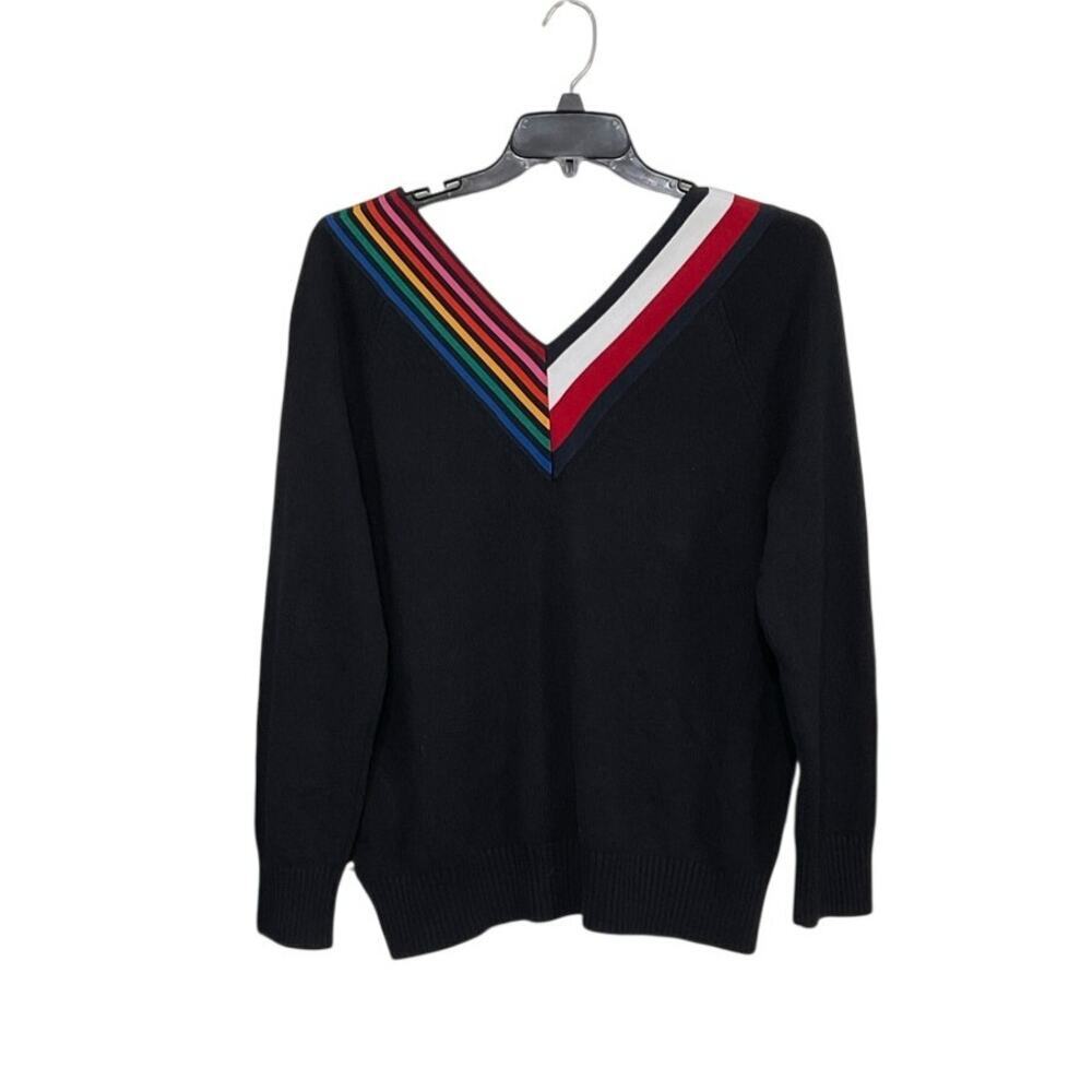 Tommy Hilfiger Black Sweater Cotton Blend V-Neck Rainbow Pride Size Large - Picture 2 of 6